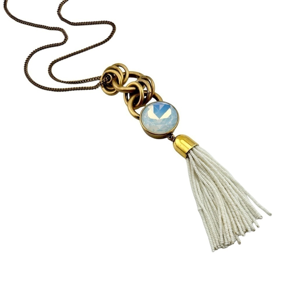J Crew Necklace, Long Gold Tone and White Tassel Pendant with Iridescent Stone - Picture 2 of 8
